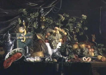 Natura morta con frutta, una torta di fagiano e un