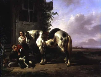Esterno di una locanda con giovane ragazza, ragazzo, cane, cavallo