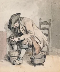 Un uomo seduto chino su un secchio; tre donne (in ombra) sul verso