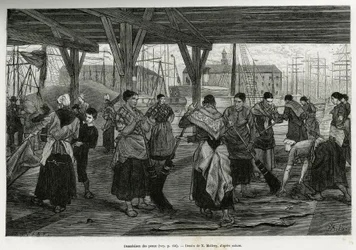 Desalazione delle pelli, da parte di donne che raschiano i resti delle bestie tese sotto le strutture delle sale del porto di Anversa. Incisione di X.Mellery, per illustrare la storia del Belgio, di Camille Lemonnier, pubblicato in Le tour du monde, edito 