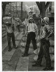 Lo scarico di una nave, i portuali con la testa coperta da un berretto di catrame, accumulano le merci sui moli del porto di Anversa. Incisione di X. Mellery, per illustrare il racconto del Belgio, di Camille Lemonnier, pubblicato in Le tour du monde, a cu