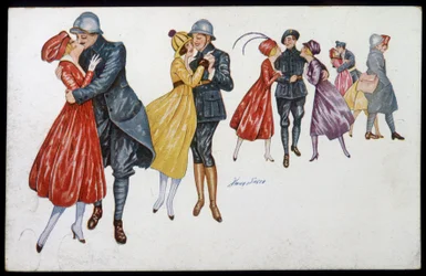 Militari e le loro fidanzate, marraine o amiche - illustrazione di Xavier Sager (1870-1930) cartolina, ca. 1915