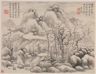 Paesaggio di neve, da Album per Zhou Lianggong, databile al 1645-55 (doppio foglio di un album collettivo di dodici dipinti e pagine di calligrafia a fronte; inchiostro su carta)
