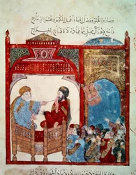 Il navigatore errante Abu-Zayd. Miniatura dal "Maqamat" di Abu Mohammed al-Kasim ibn Ali Hariri, illuminata da Yahya Mahmud al-Wasiti nel 1237, Parigi