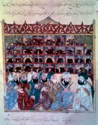 Il navigatore vagabondo Abu-Zayd che tiene un discorso nella biblioteca di Basra. Miniatura dal Maqamat (Seances) di Abu Mohammed al-Kasim ibn Ali Hariri (1054-1122) illuminata da Yahya Mahmud al-Wasiti
