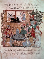 Il navigatore errante Abu-Zayd davanti ai suoi ascoltatori Miniatura dal "Maqamat" (Seances) di Abu Mohammed al-Kasim ibn Ali Hariri miniato da Yahya Mahmud al-Wasiti nel 1237