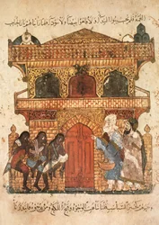 Ms Ar 5847 f.120, Palazzo di una signora, da Maqamat di Al Hariri, c.1240 (guazzo su pergamena)