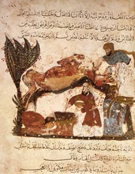 Ms Ar 5847 f.61, Preparazione di un banchetto, da Al Maqamat di Al Hariri, c.1240 (guazzo su pergamena)