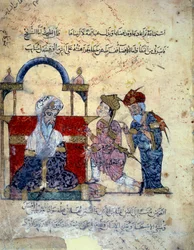 Il navigatore vagabondo Abu-Zayd e sua sorella si accusano davanti a un cadi. Miniatura dal Maqamat (Seances) di Abu Mohammed al-Kasim ibn Ali Hariri (1054-1122) illuminata da Yahya Mahmud al-Wasiti