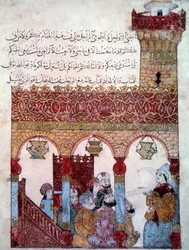 Il navigatore errante Abu-Zayd (Abu Zayd, Abu Zayd) nella Moschea di Bassora Miniatura dalle “Maqamat” (Seances) di Abu Mohammed al-Kasim ibn Ali Hariri (o Al-Hariri o Al Hariri) (1054-1122) miniato da Yahya Mahmud al-Wasd al-Wasod ITi (al W