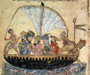 Il borghese al-Harith (Al Harith), figlio di Hammam, e il navigatore errante Abu-Zayd (Abu Zayd) su una barca che naviga sull