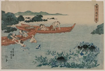 Subacquei di abalone al largo della costa di Ise, da una serie di paesaggi senza titolo, primi anni 1830