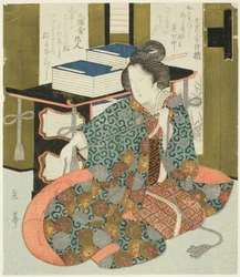 Una donna che tira la corda di una libreria su ruote, dalla serie "Un set di sette per il club Katsushika"