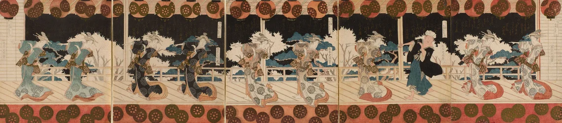 Cortigiana danzante e un uomo (forse il poeta Hisakataya), Due, dalla serie di pentapittici "Furuichi Dance Performance (Furuichi odori)" per il Club di Poesia Hisakataya