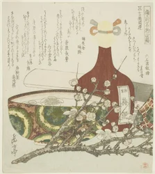 Bottiglia di vino, ciotola e ramo di prugna, dalla serie "Due prodotti famosi della provincia di Bizen (Bizen meibutsu futashina)"