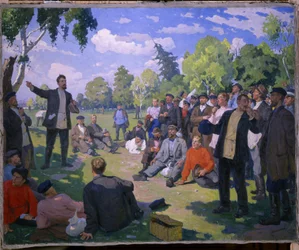 Festa del lavoro del 1° maggio 1891. Giorno di riposo e raduno dei lavoratori in un parco soleggiato. Arte sovietica del 20° secolo. Museo Statale Russo, San Pietroburgo