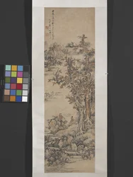 Paesaggio idilliaco con donna che pesca