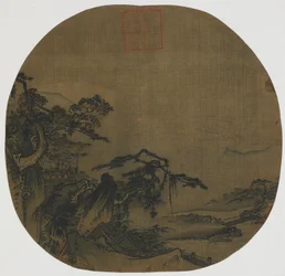 Paesaggio: padiglioni su un lato della montagna, un ruscello sotto, dinastia Ming, XVI secolo