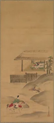 Minamoto no Nakakuni visita Lady Kogo, trittico di rotoli appesi, fine 1600