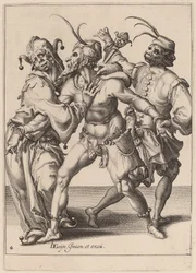 Tre mummers danzanti, incluso un giullare
