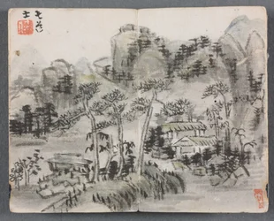 Album in miniatura con figure e paesaggio (Paesaggio con due edifici)