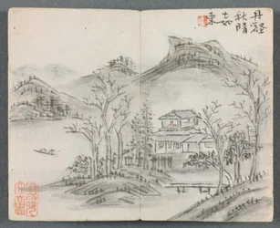 Album in miniatura con figure e paesaggio Paesaggio con collina, casa, barca e ponte, 1822