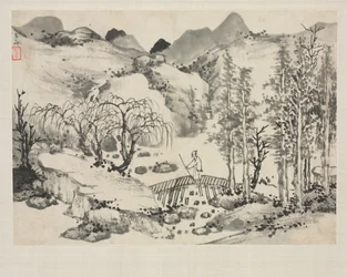 Paesaggio con artista su un ponte