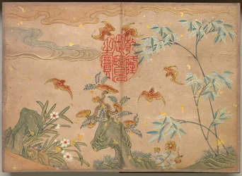 Album da Scrivania: Dipinti di Fiori e Uccelli (Pipistrelli, rocce, fiori calligrafia ovale)
