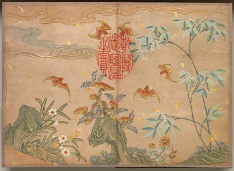 Album da scrivania: Dipinti di fiori e uccelli, pipistrelli, rocce, fiori, calligrafia ovale, XVIII secolo