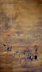 Cavaliere mongolo che insegue un cavallo. Dipinto su seta di Fou Tchao Mong