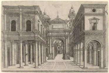Una strada con vari edifici, colonnati e un arco