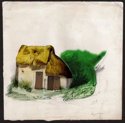 Un cottage con tetto di paglia nel centro della Francia. ca. 1830 (illustrazione)