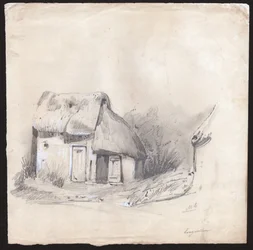 Un cottage con tetto di paglia nel centro della Francia. ca. 1830 (illustrazione)