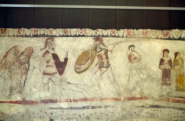 Scena di battaglia tra due guerrieri, affresco dalla Necropoli di Andriuolo-Laghetto a Paestum, Campania, Italia, civiltà greca antica, Magna Grecia, IV secolo a.C.