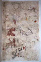 Borgogna, Lancharre, comune di Chapaize 71460. Nella chiesa di Notre Dame, pittura murale. Due cavalieri in cotta di maglia (affresco)