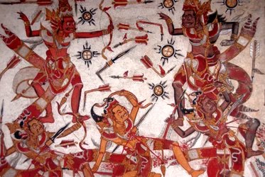 Dipinto sul soffitto nel Palazzo Reale; Battaglia degli Dei; Kerta Gosa; palazzo Taman Gili; Klungkung; Semarapura; Bali; Indonesia; Sud-est asiatico; Asia