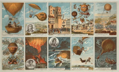 Carte da collezione con immagini di eventi nella storia del volo in mongolfiera dal 1795 al 1846, c.1900