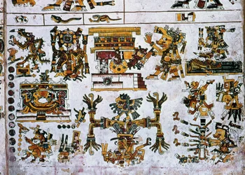 Dettaglio da una copia facsimile di una pagina del Codex Borgia che mostra le quattro direzioni e il centro (litografia a colori)