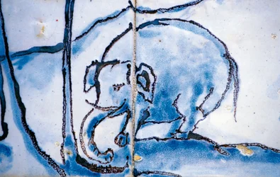 Elefante, piastrelle di azulejos, Palazzo dei Marchesi di Fronteira, Lisbona, Portogallo, Dettaglio