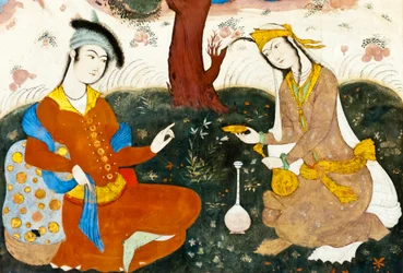 Affresco; due amanti; miniatura persiana; Chehel Sotoun; Palazzo delle Quaranta Colonne; Isfahan; Iran; Asia
