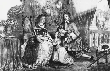 Re Luigi XIV e sua figlia che implorano la Duchessa Louise de La Valliere di non ritirarsi nel convento