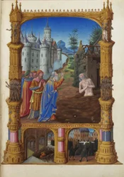 Les Très Riches Heures del duca di Berry, Folio 82r - Giobbe deriso dai suoi amici il Musée Condé, Chantilly. Giobbe, sua moglie e i suoi amici