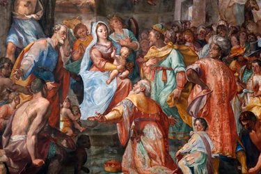 Presepe. Affresco. Chiesa di San Donato. Genova. Italia.