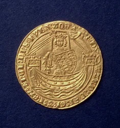 Nobile di Edoardo III (1312-77) dritto che mostra il re su una nave, zecca di Calais, introdotto nel 1344