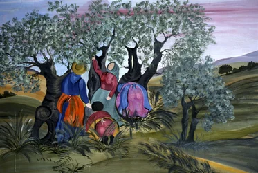 Raccolta delle olive, naif di Barbara Mencarelli, Mandoleto, Solomeo, Umbria, Italia