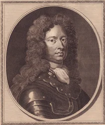 Ritratto del soldato inglese Thomas Tollemache, incisione in rame di John Goldar da un dipinto di G Kneller