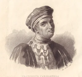 Ritratto del condottiero italiano Francesco da Bussone, noto anche come Carmagnola (1380-1432), incisione su rame di E. Silvestri da un dipinto