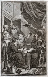 La festa dei monaci che violano le regole monastiche. Bevono vino, corteggiano le cameriere. XVIII secolo (incisione)