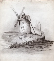 Mulino a vento in Normandia, Francia. circa 1830 (illustrazione)