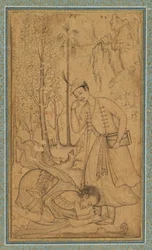 Un uomo santo che si prostra davanti a un principe erudito, c. 1585, bordo aggiunto probabilmente nel 1700